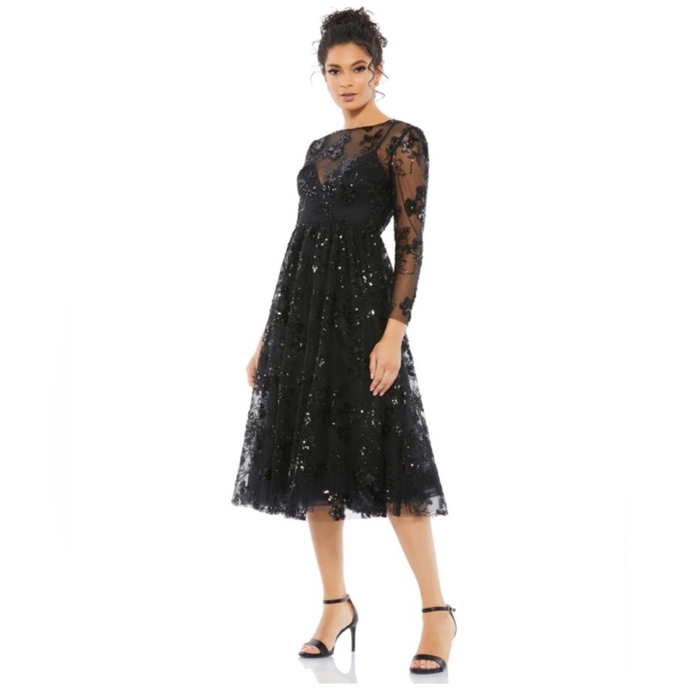 Mac Duggal Embellished Illusion Long Sleeve Midi Dress, Black, Size 4